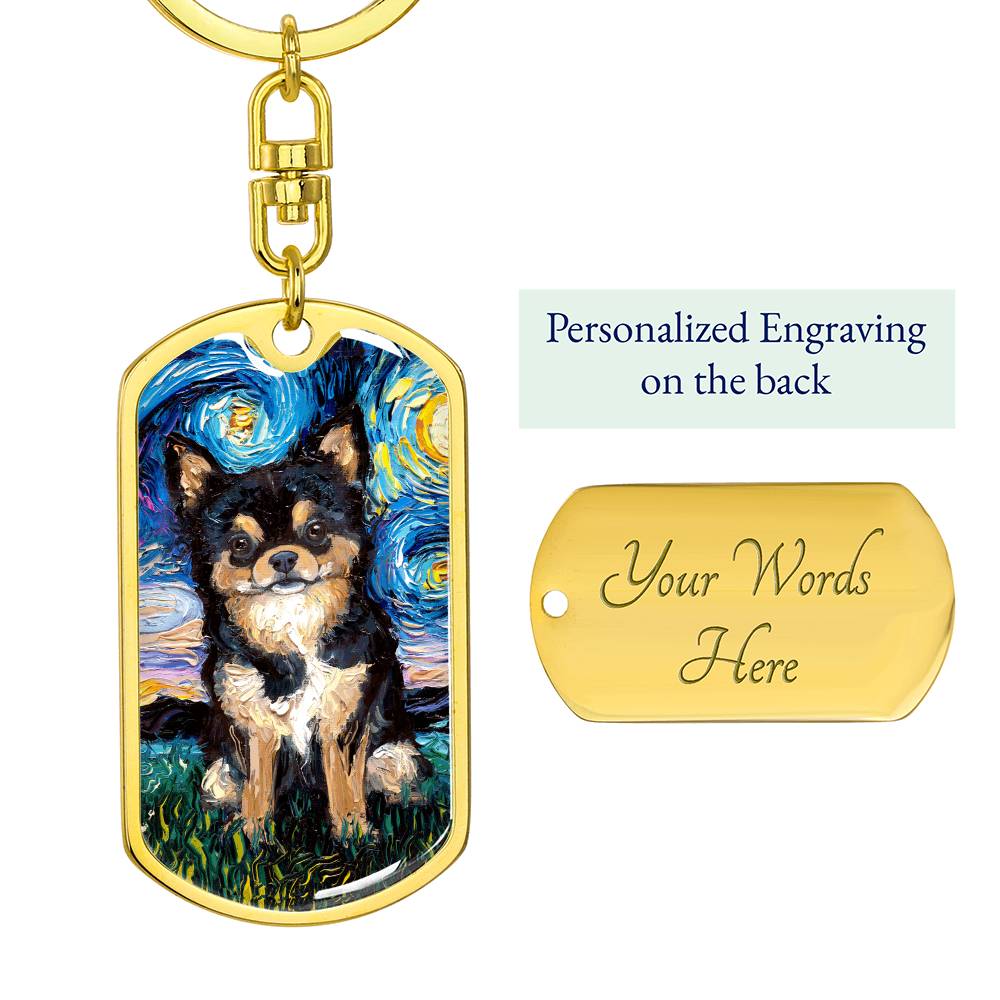 Black and Tan Long Hair Chihuahua Starry Night Dog Tag Keychain