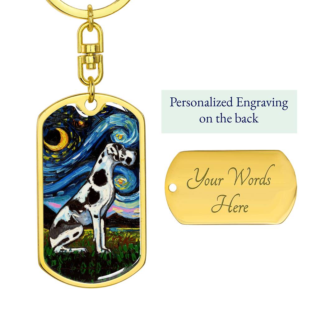 Harlequin Great Dane Starry Night Dog Tag Keychain