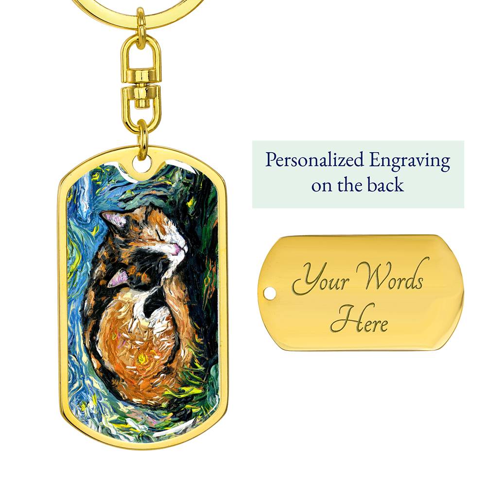 Sleeping Calico Dog Tag Keychain