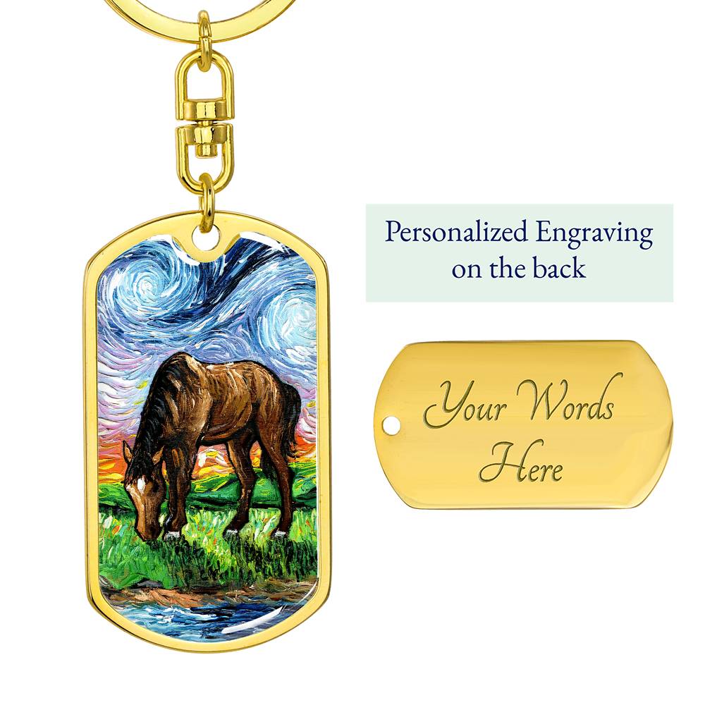 Horse in Meadow Starry Night Dog Tag Keychain