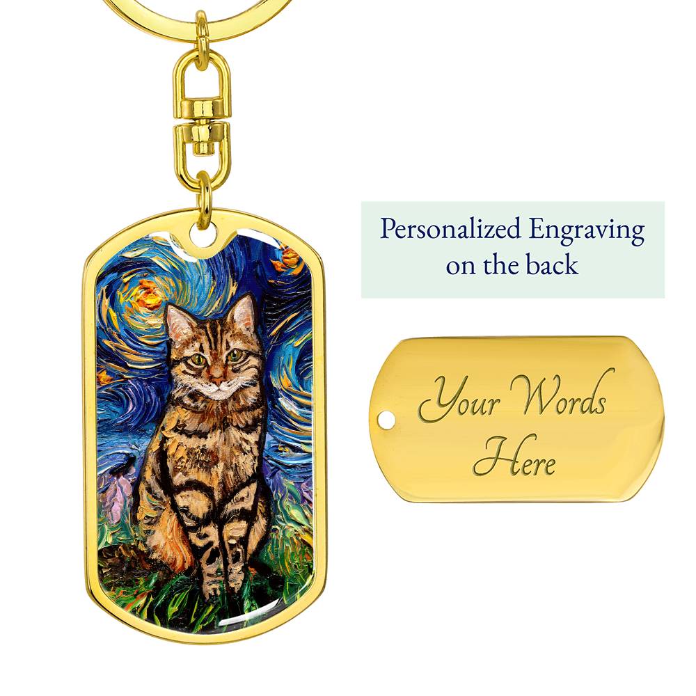 Brown Tabby Cat Starry Night Dog Tag Keychain