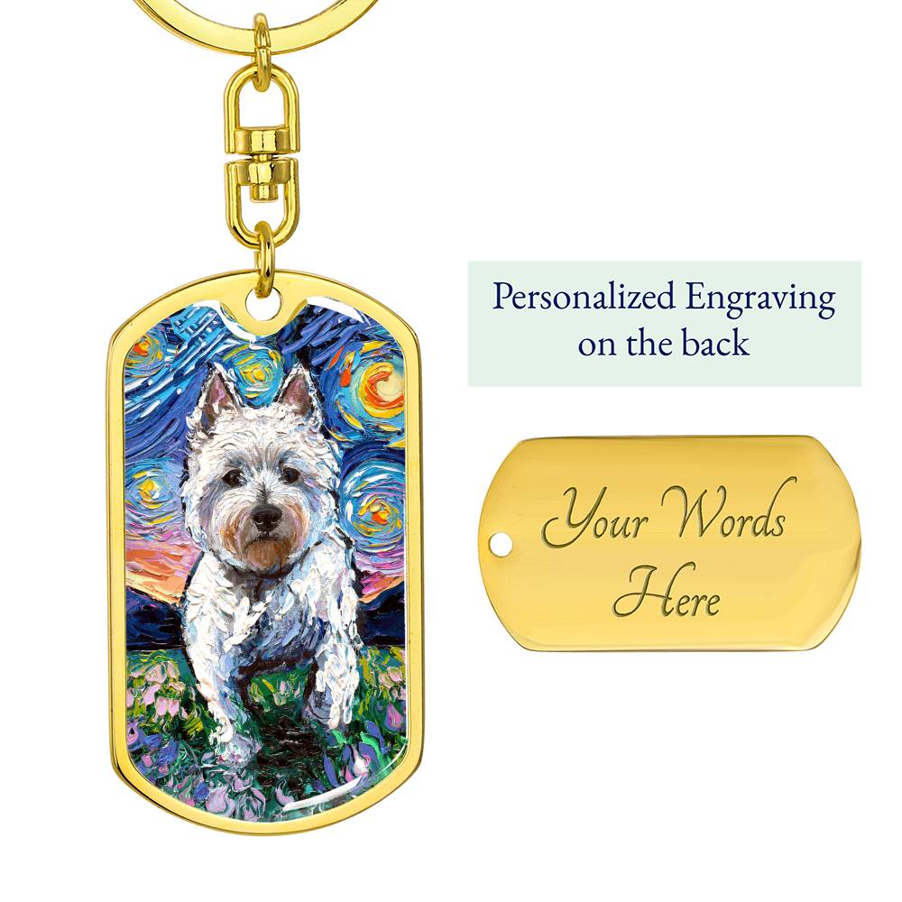 Westie and Flowers Starry Night Dog Tag Keychain