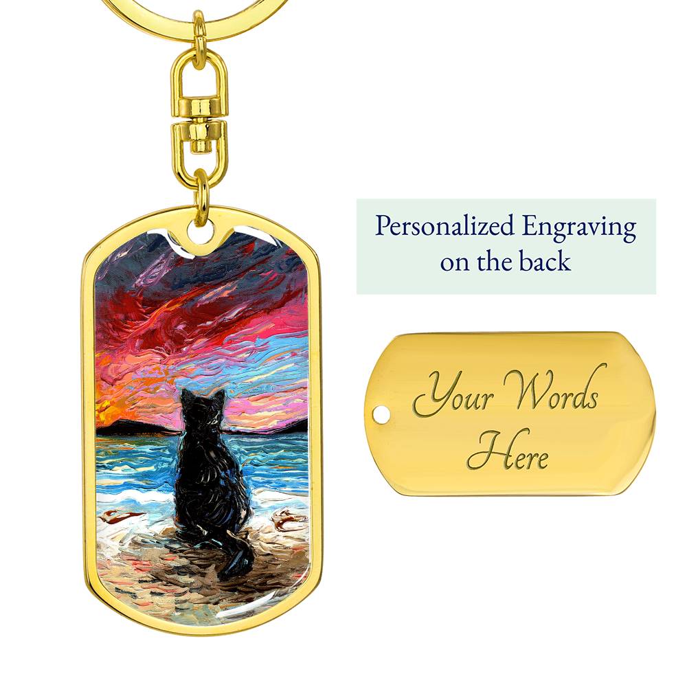 Beach Days - Black Cat Starry Night Dog Tag Keychain