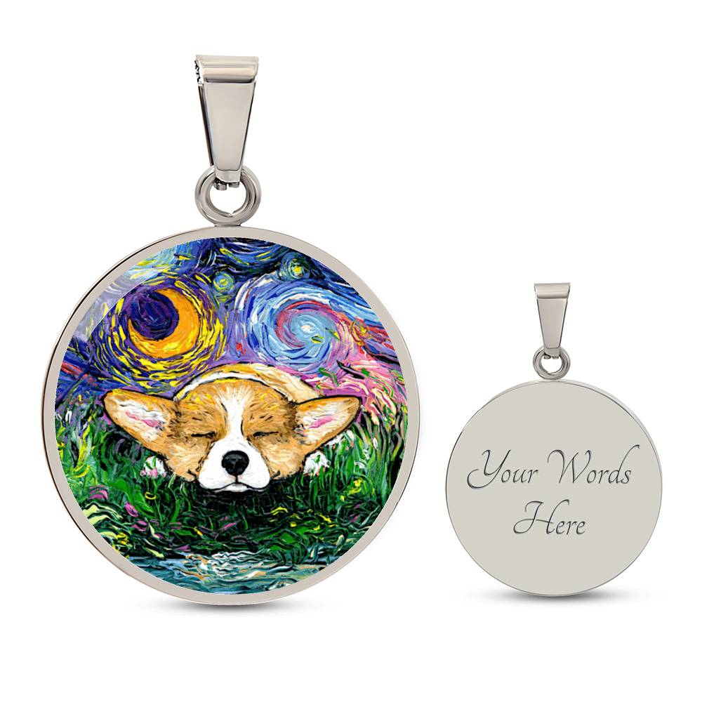 Sleeping Corgi Starry Night Round Necklace