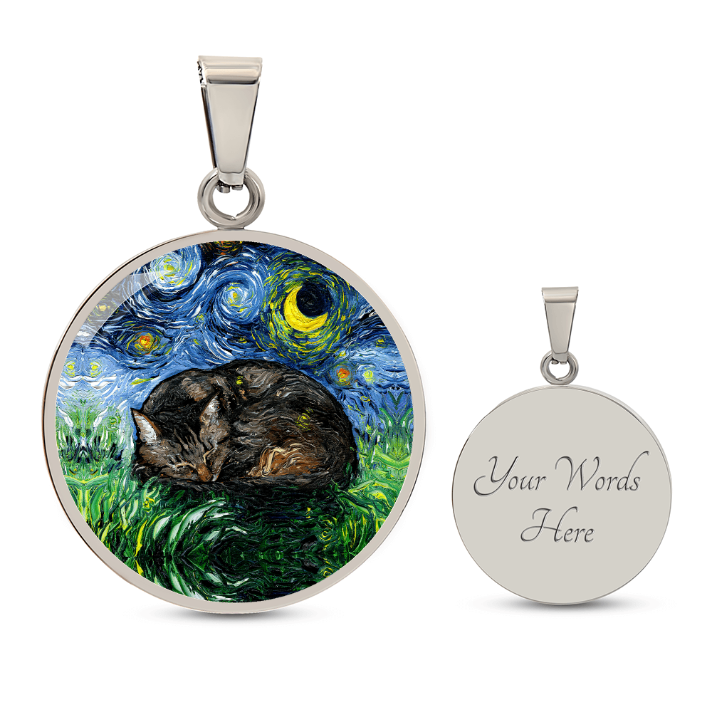 Sleeping Brown Tabby Starry Night Round Necklace