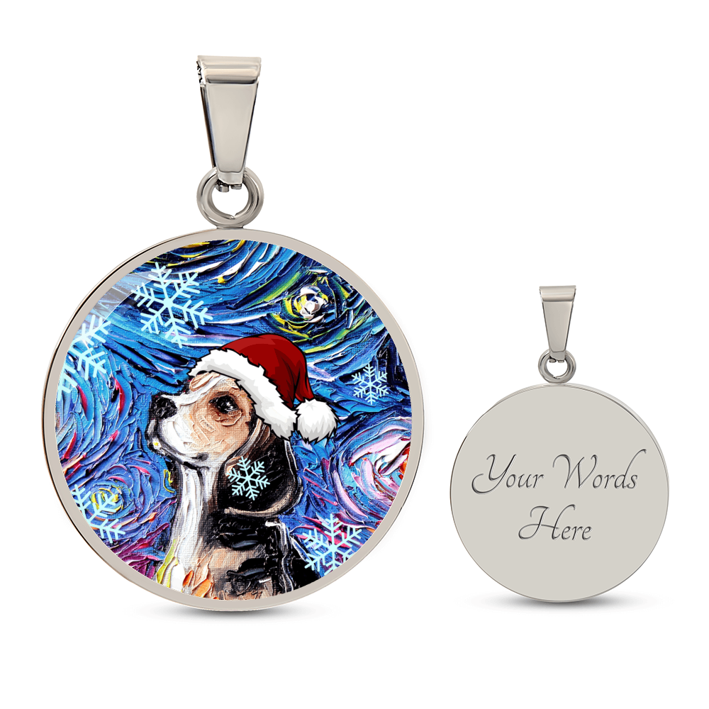 Beagle In Santa Hat Starry Night Round Necklace