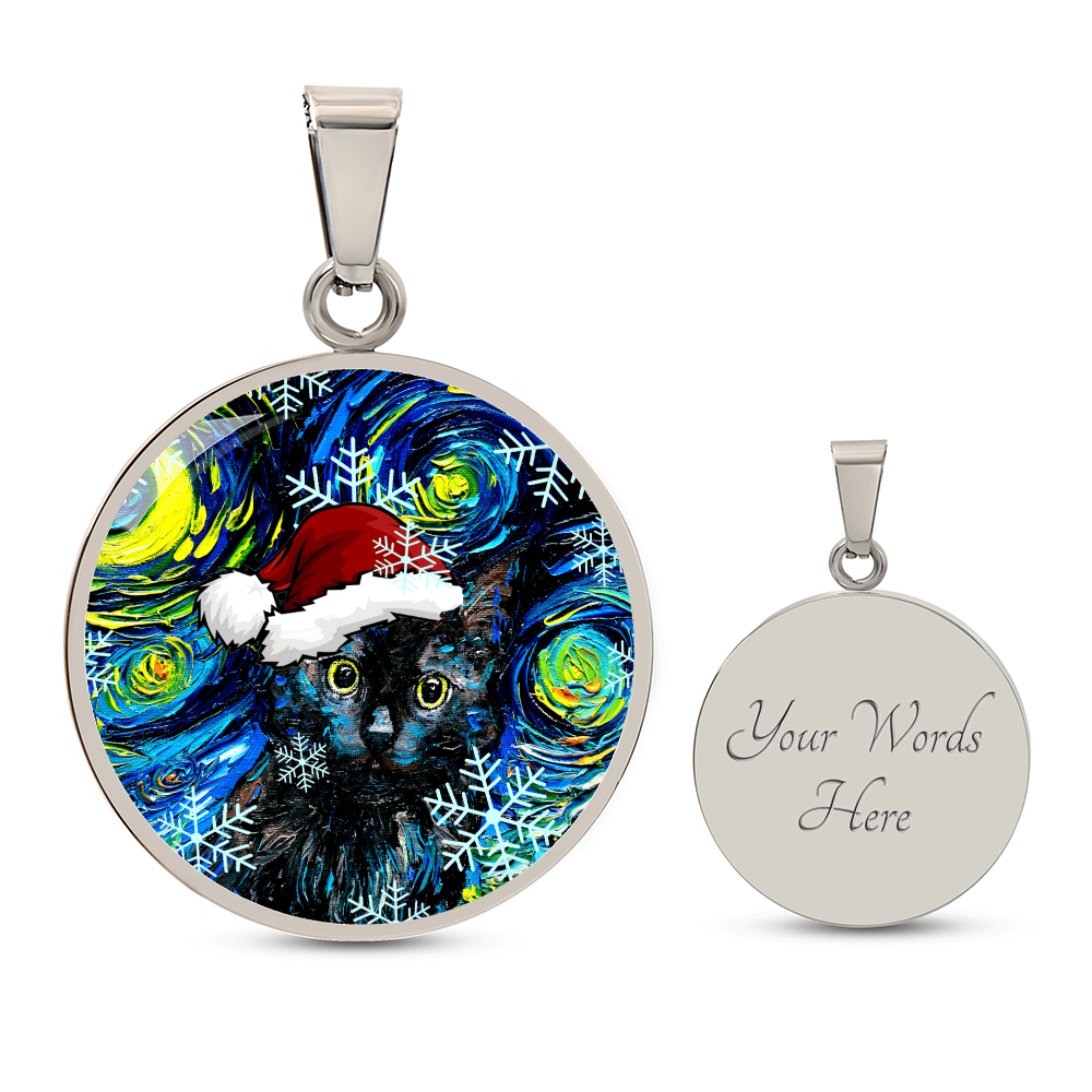 Black Cat In Santa Hat Starry Night Round Necklace