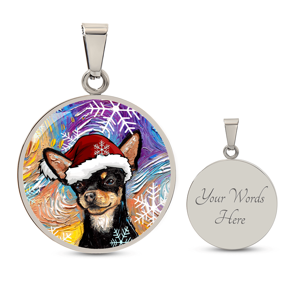 Black and Tan Chihuahua In Santa Hat Starry Night Round Necklace
