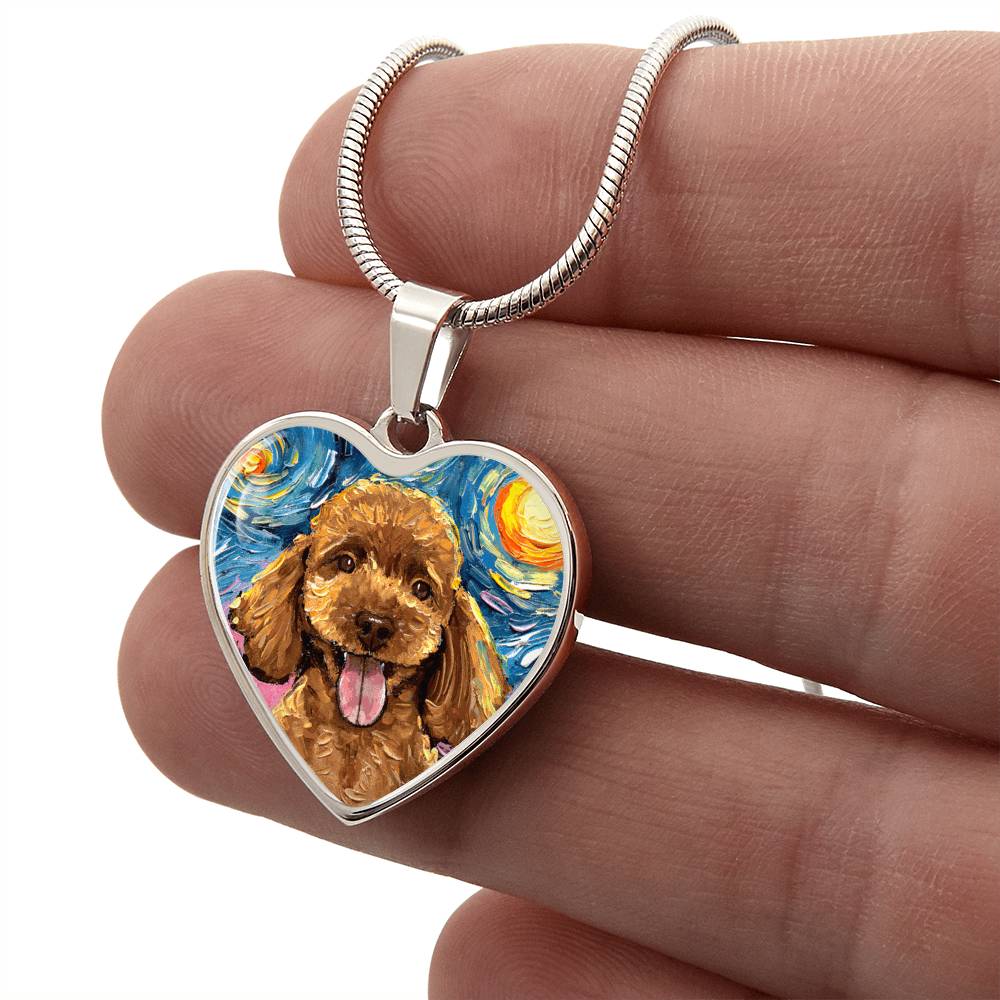 Apricot Poodle Portrait Starry Night Heart Necklace