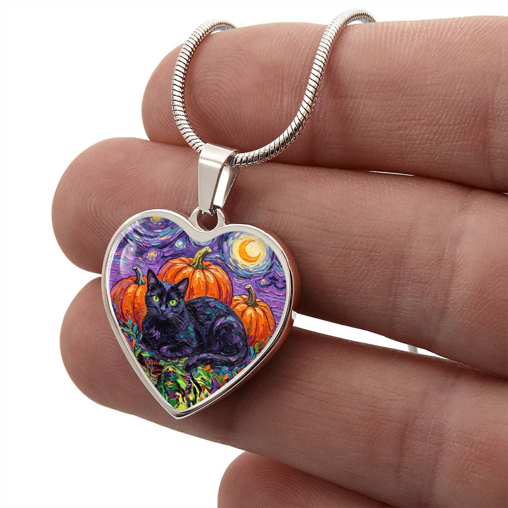 Harvest Moon Black Cat Heart Necklace