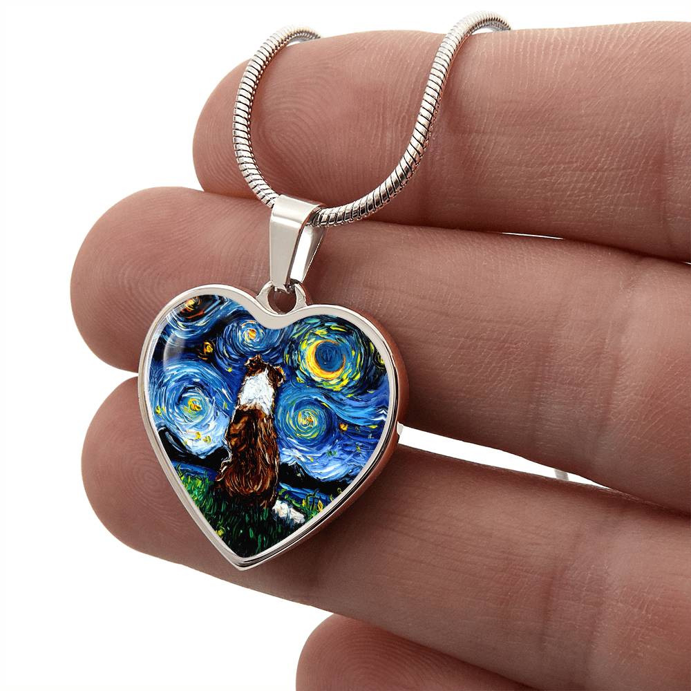 Red Border Collie Starry Night Heart Necklace
