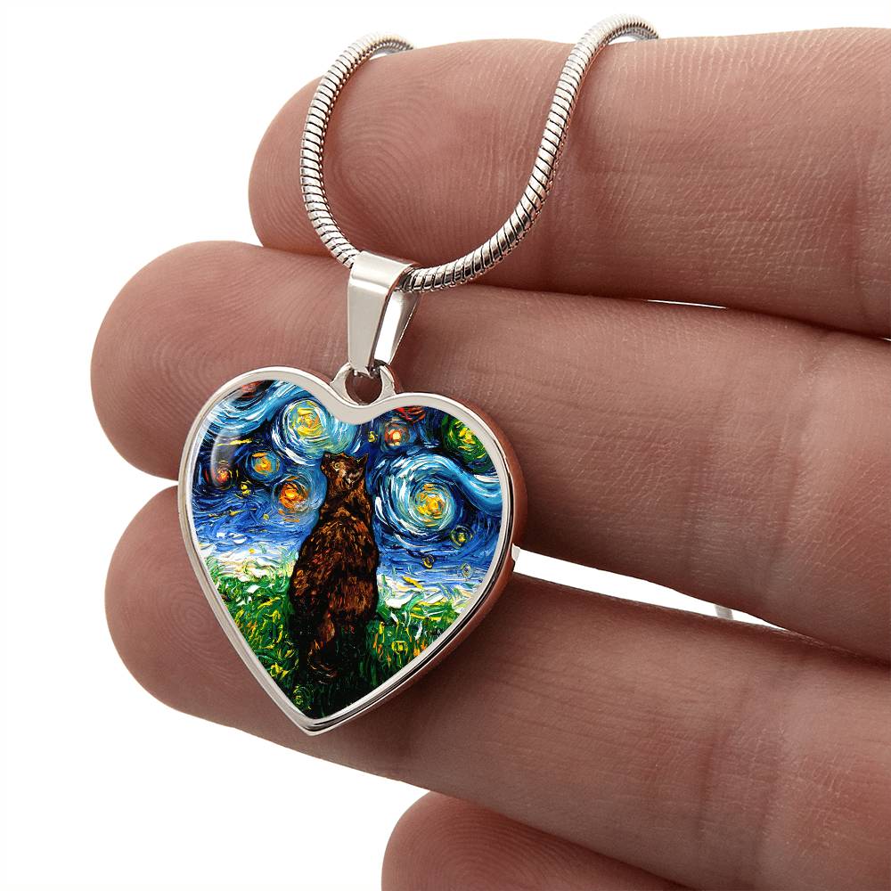 Tortoiseshell Cat Starry Night Heart Necklace