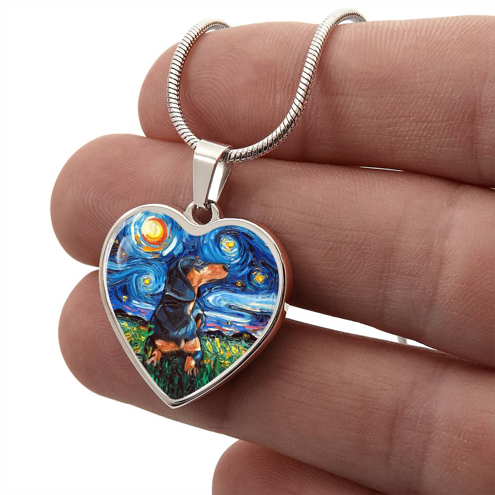 Black and Tan Dachshund Starry Night Heart Necklace