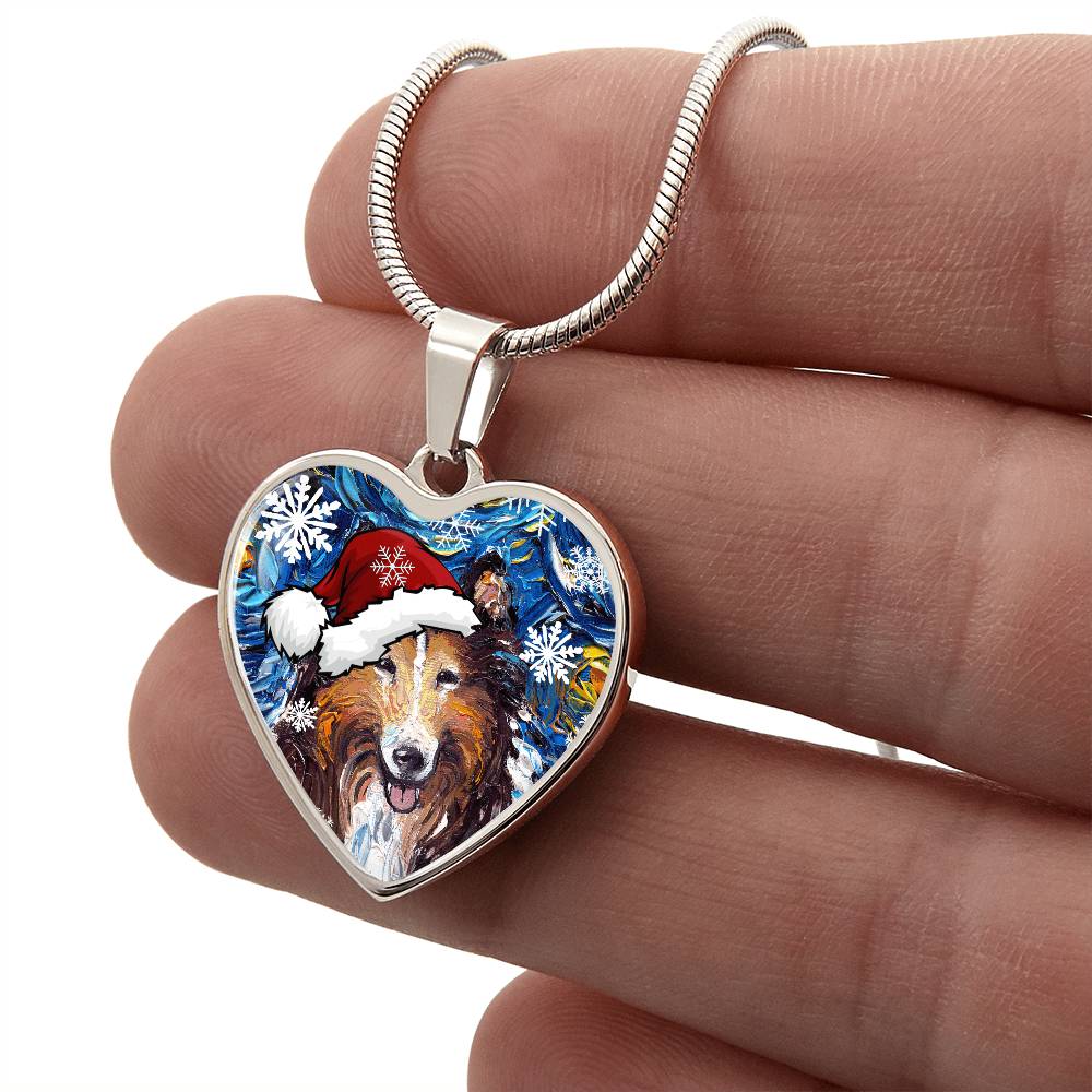 Collie In Santa Hat Starry Night Heart Necklace