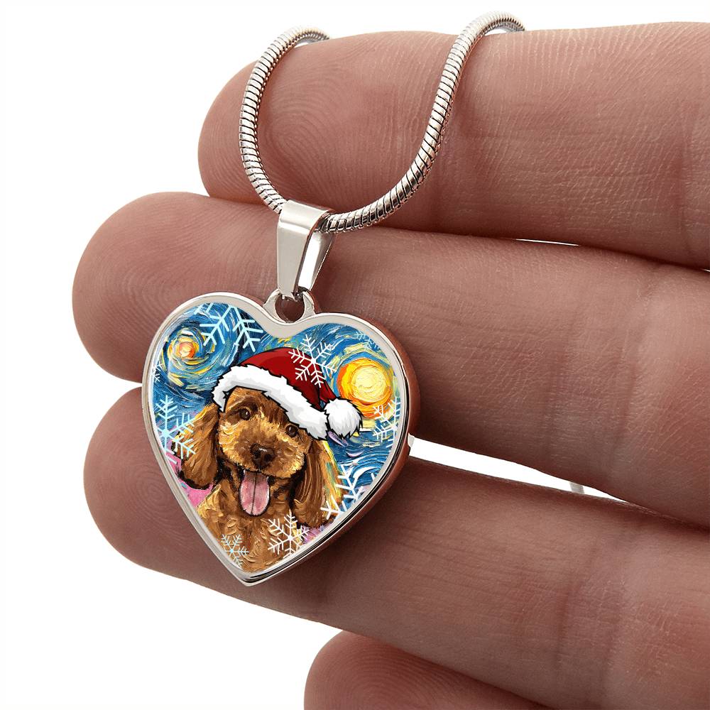 Apricot Poodle Puppy in Santa Hat Starry Night Heart Necklace