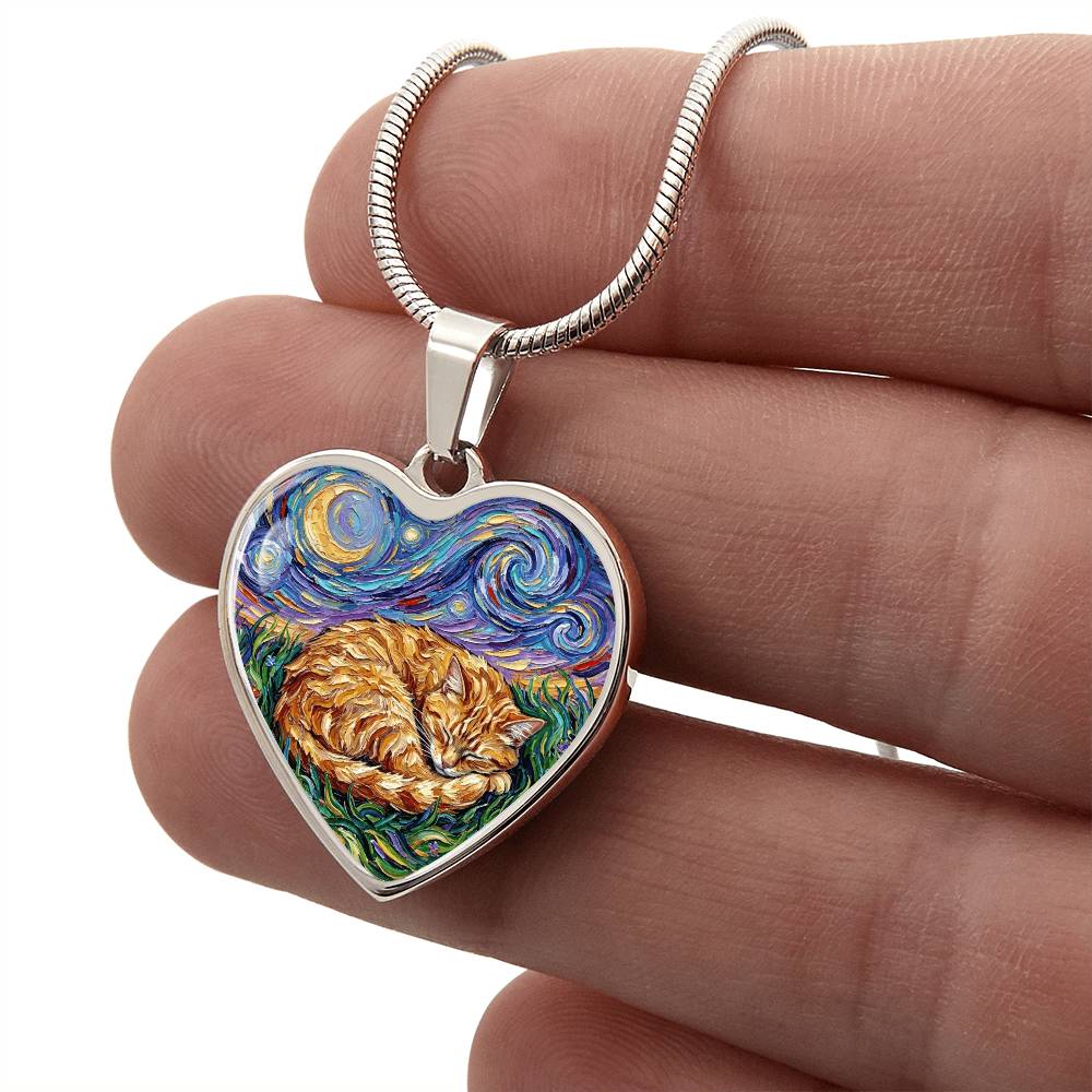 Sleepy Orange Tabby Night Heart Necklace