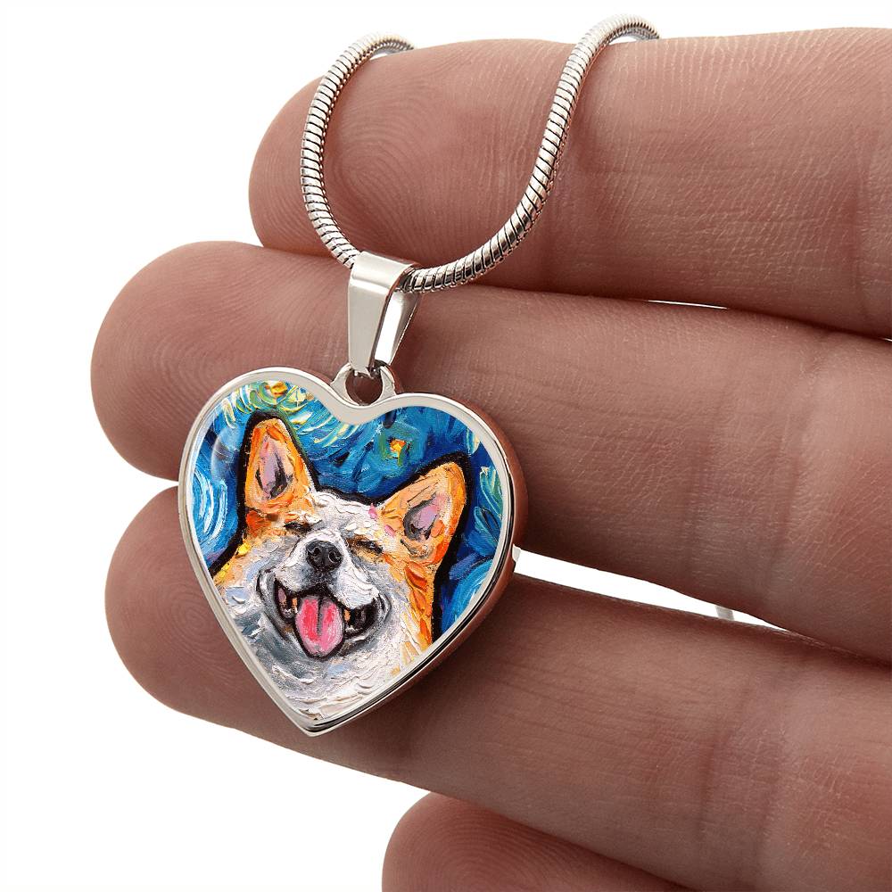 Smiling Corgi Portrait Starry Night Heart Necklace