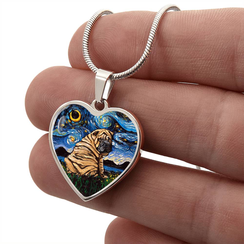 Brown Shar Pei Starry Night Heart Necklace