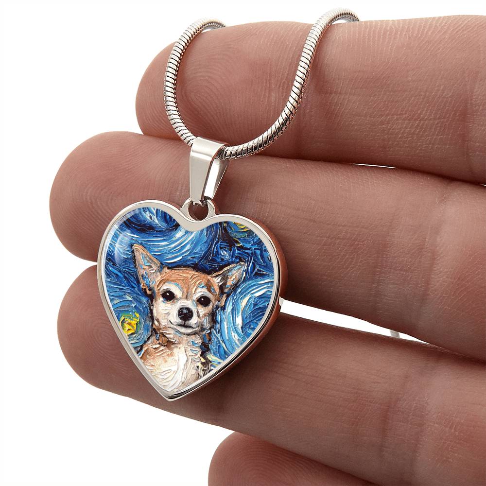 Chihuahua Portrait Starry Night Heart Necklace
