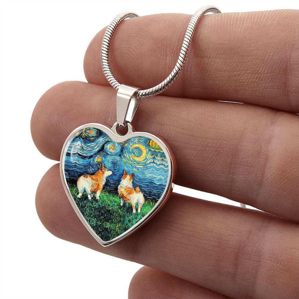 Corgi Starry Night Heart Necklace