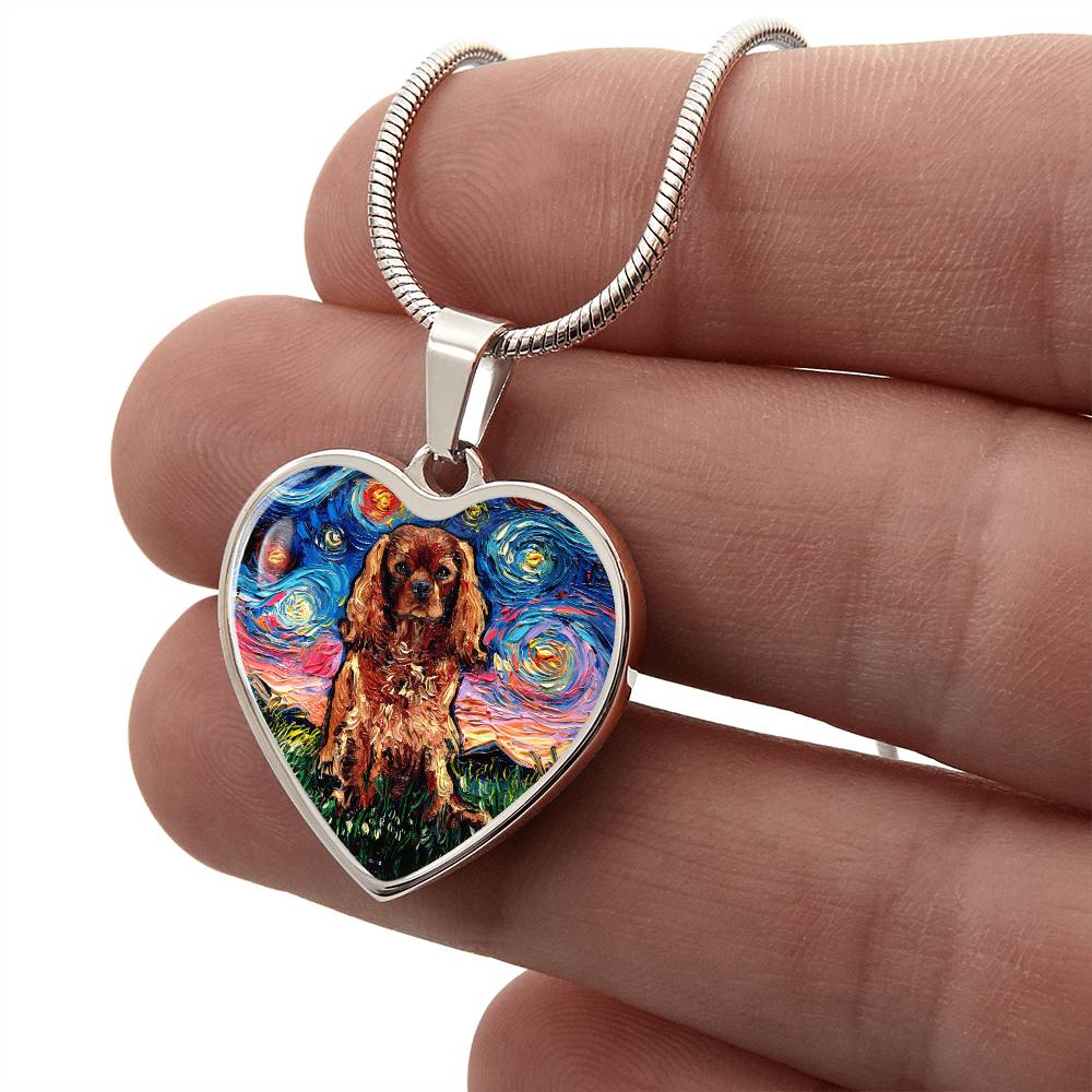 Ruby Cavalier King Charles Spaniel Starry Night Heart Necklace