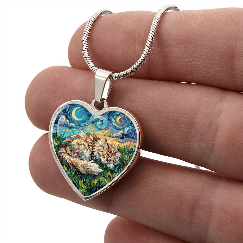 Sleepy Maine Coon Night Heart Necklace