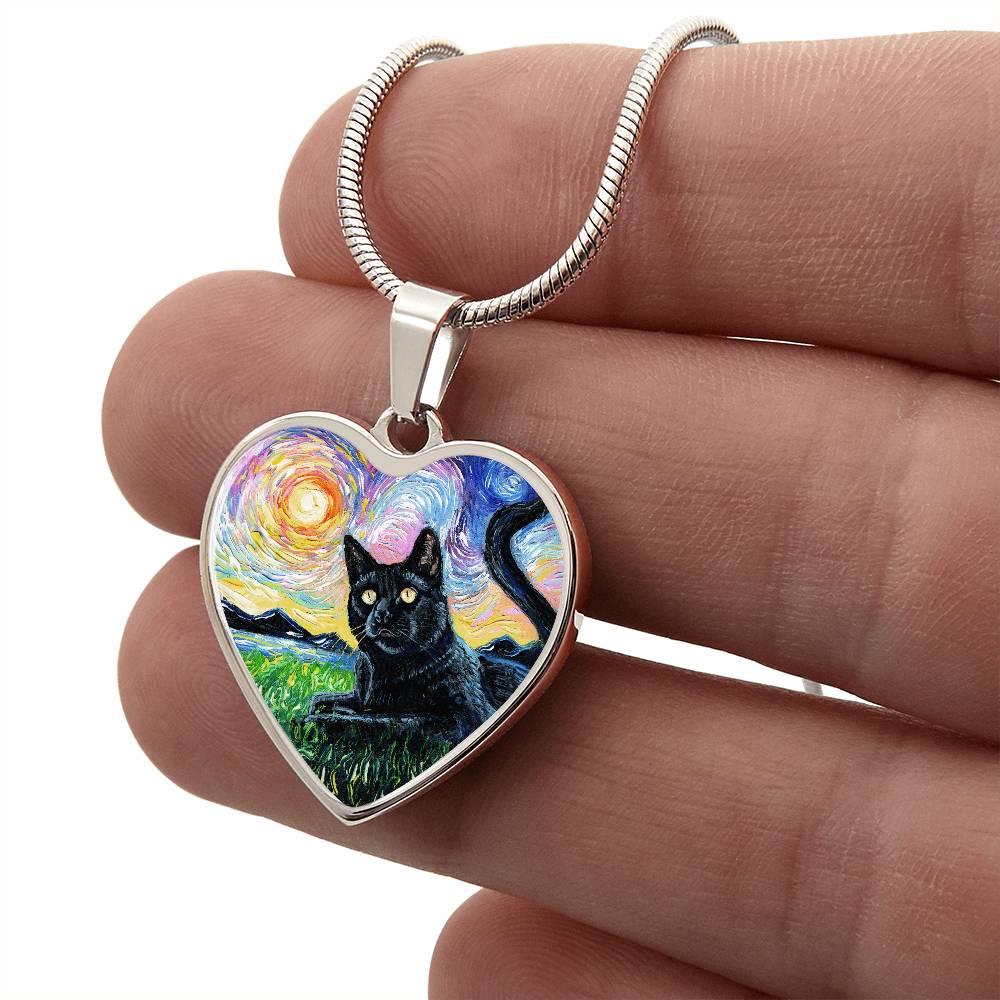 Black Cat and Sunset Starry Night Heart Necklace