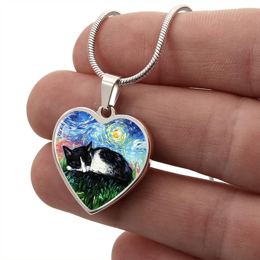 Sleepy Tuxedo Kitten Starry Night Heart Necklace