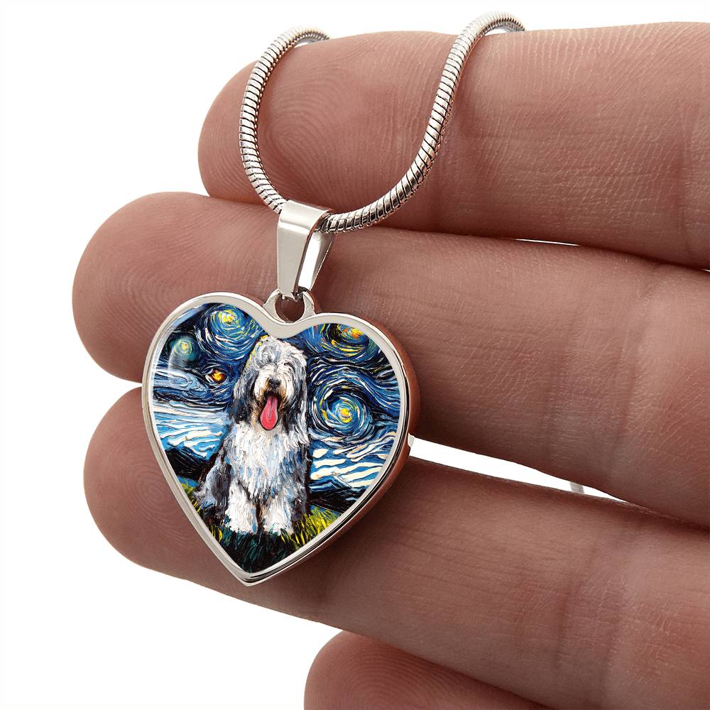 Bearded Collie Starry Night Heart Necklace