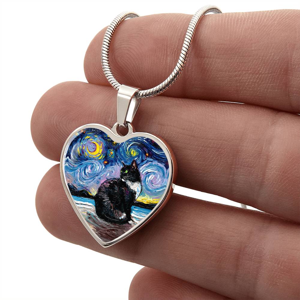 Tuxedo Cat with Green Eyes Starry Night Heart Necklace