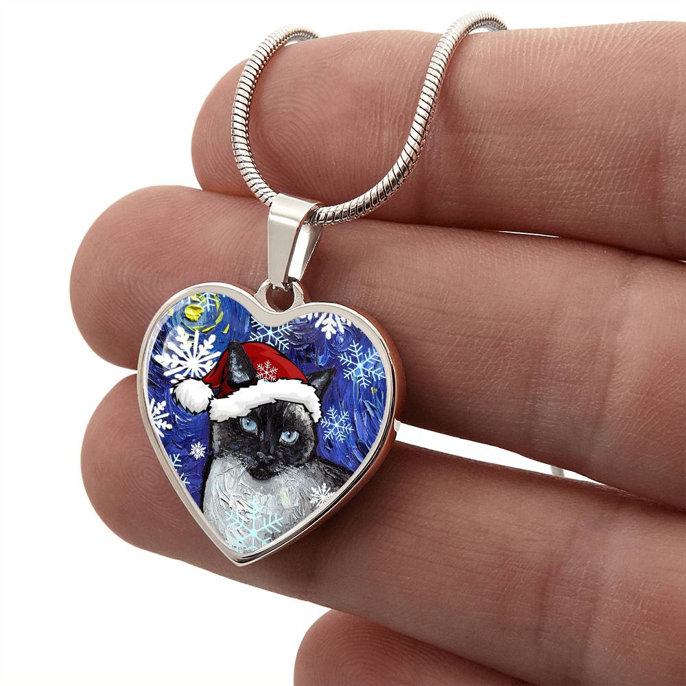 Siamese Cat Christmas Heart Necklace