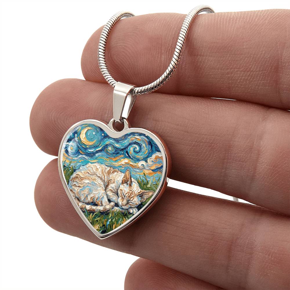 Sleepy Cornish Rex Night Heart Necklace