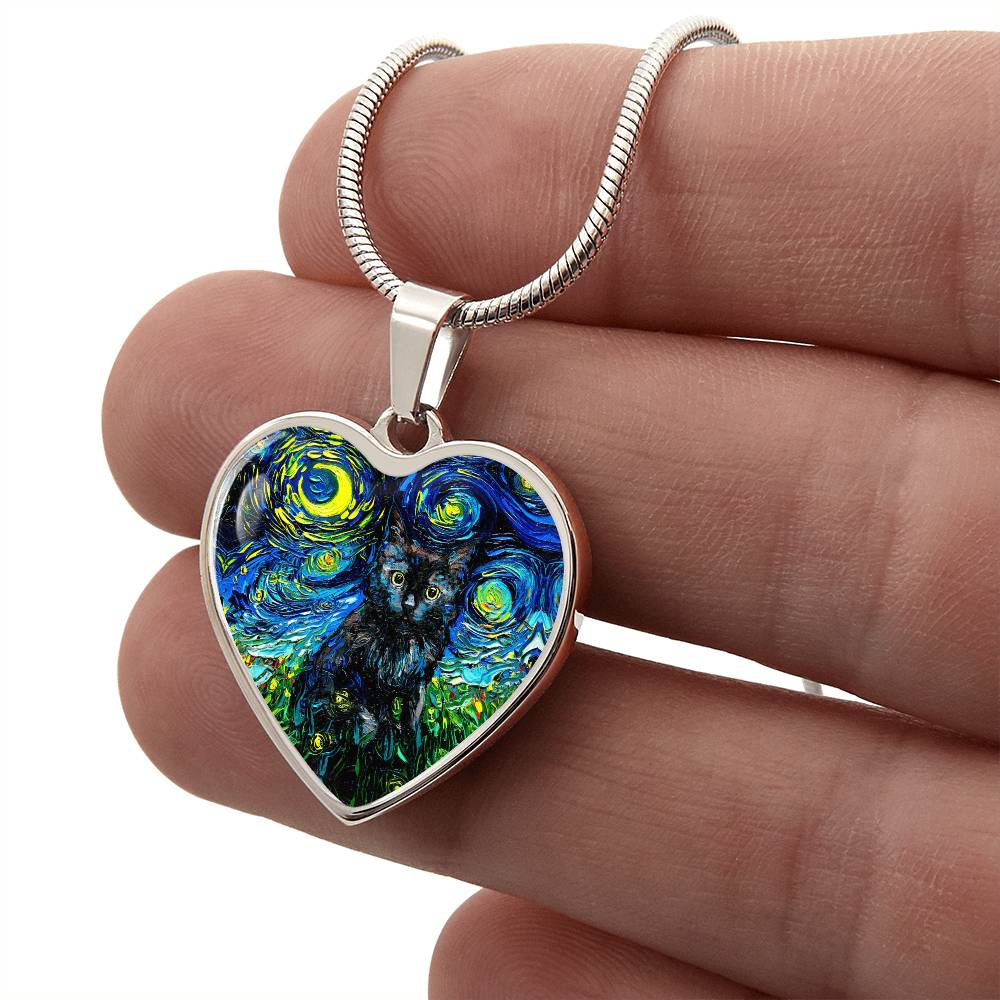 Black Cat Portrait Starry Night Heart Necklace