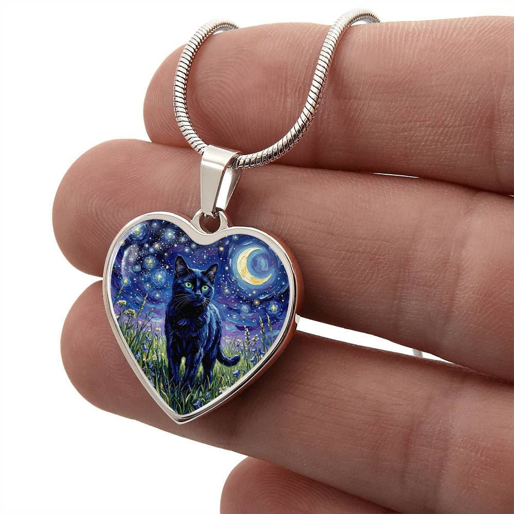 Amongst The Flowers - Black Cat Heart Necklace