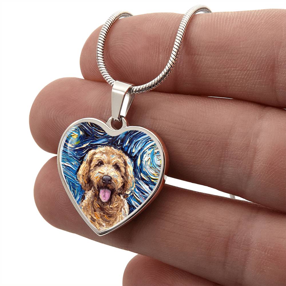 Goldendoodle Portrait Starry Night Heart Necklace