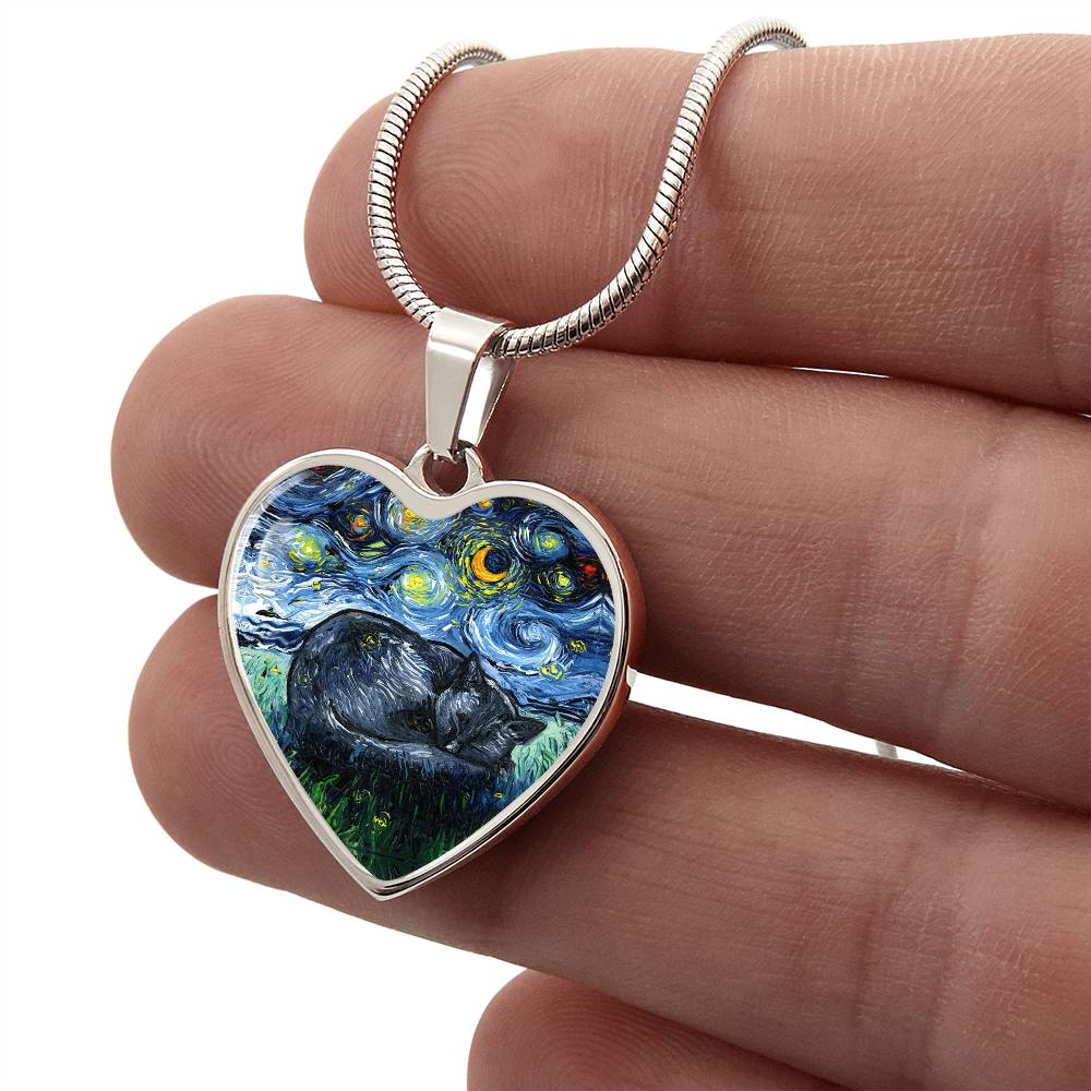 Sleeping Black Cat Starry Night Heart Necklace