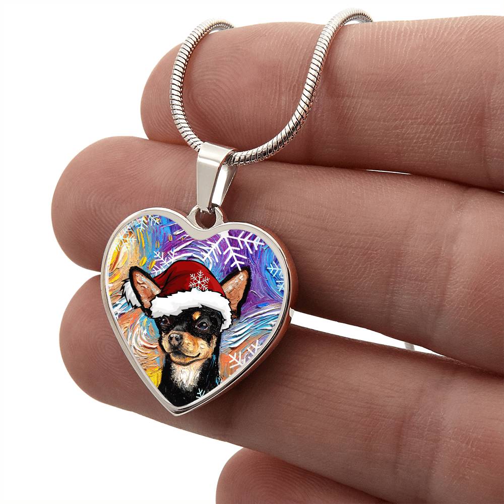 Santa Black and Tan Chihuahua Heart Necklace