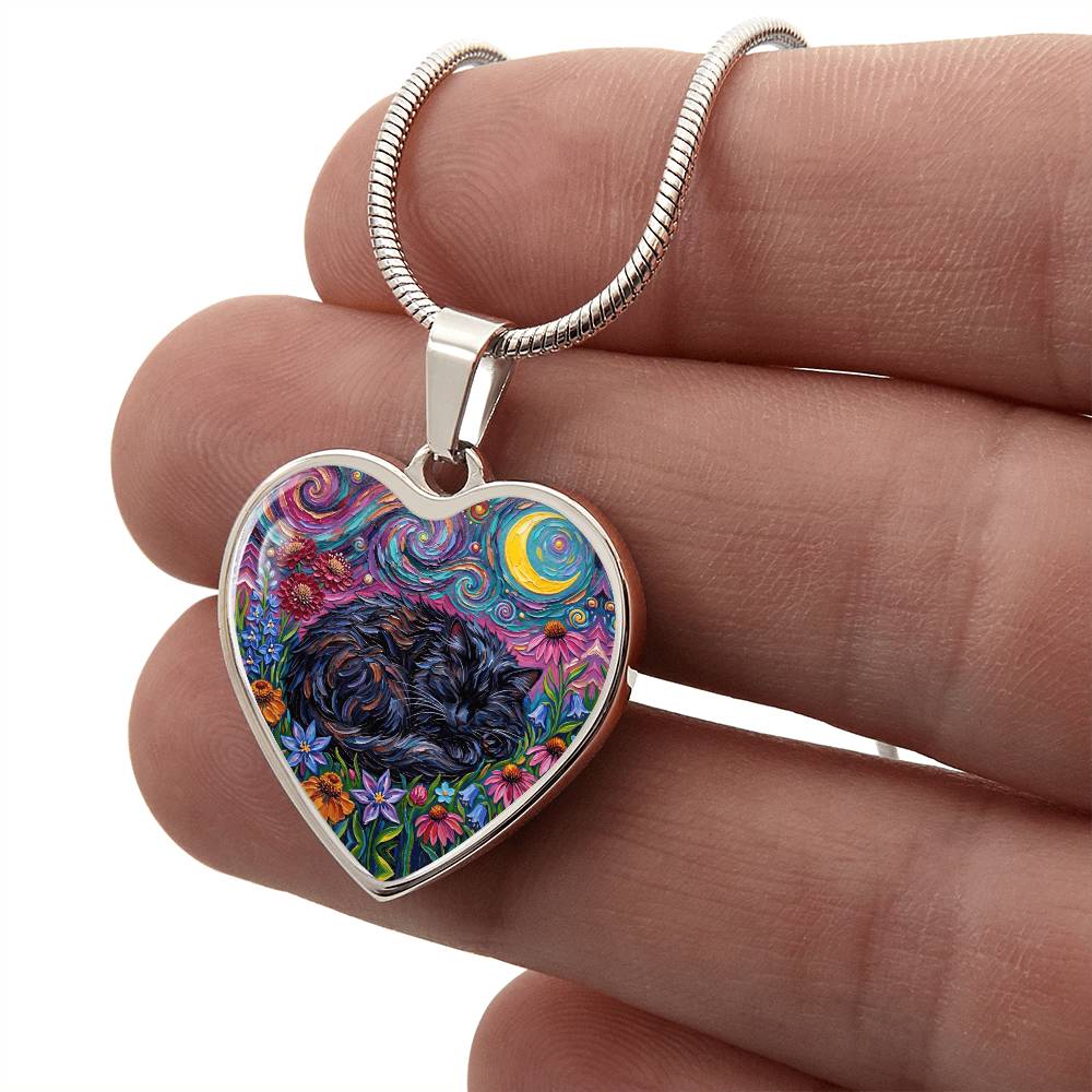 Amongst The Flowers - Sleepy Black Cat Heart Necklace