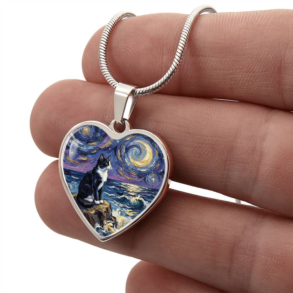 Beach Nights - Tuxedo Cat Heart Necklace