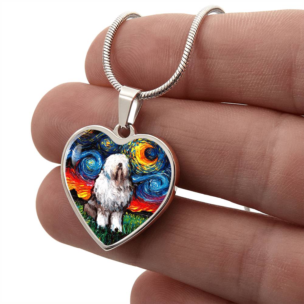 English Sheepdog Starry Night Heart Necklace