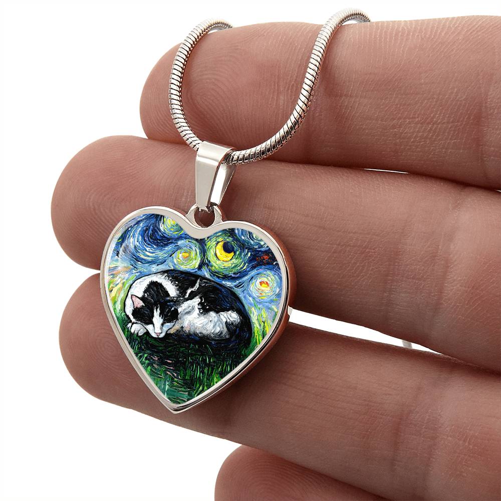 Sleeping Tuxedo Cat Starry Night Heart Necklace