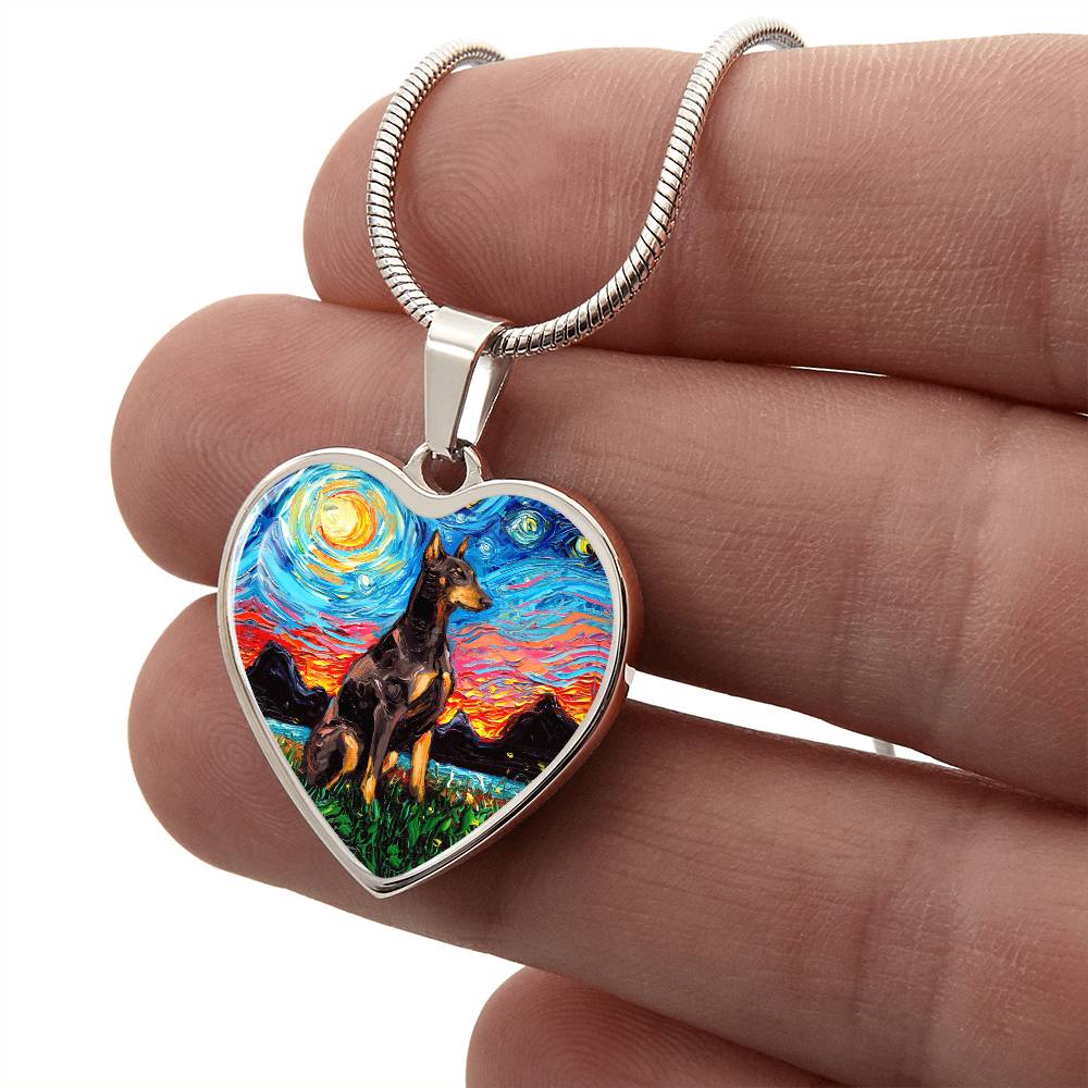 Red Doberman Starry Night Heart Necklace