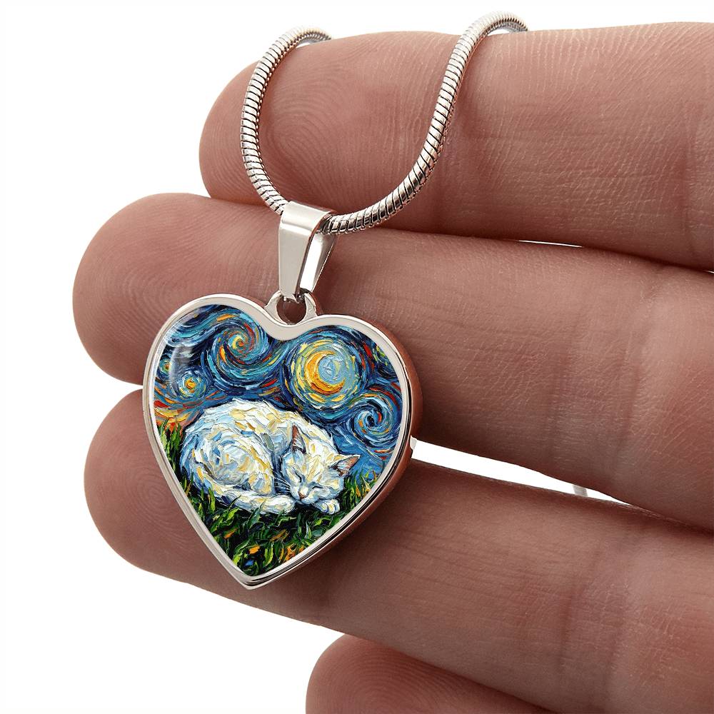 Sleepy White Cat Night Heart Necklace