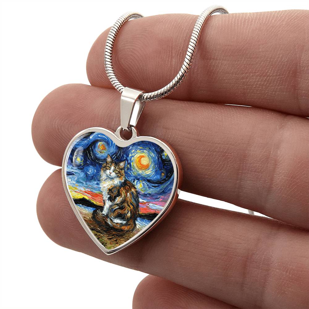 Calico Cat 2 Starry Night Heart Necklace