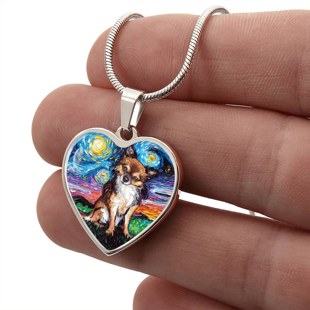 Long Hair Brown Chihuahua Starry Night Heart Necklace