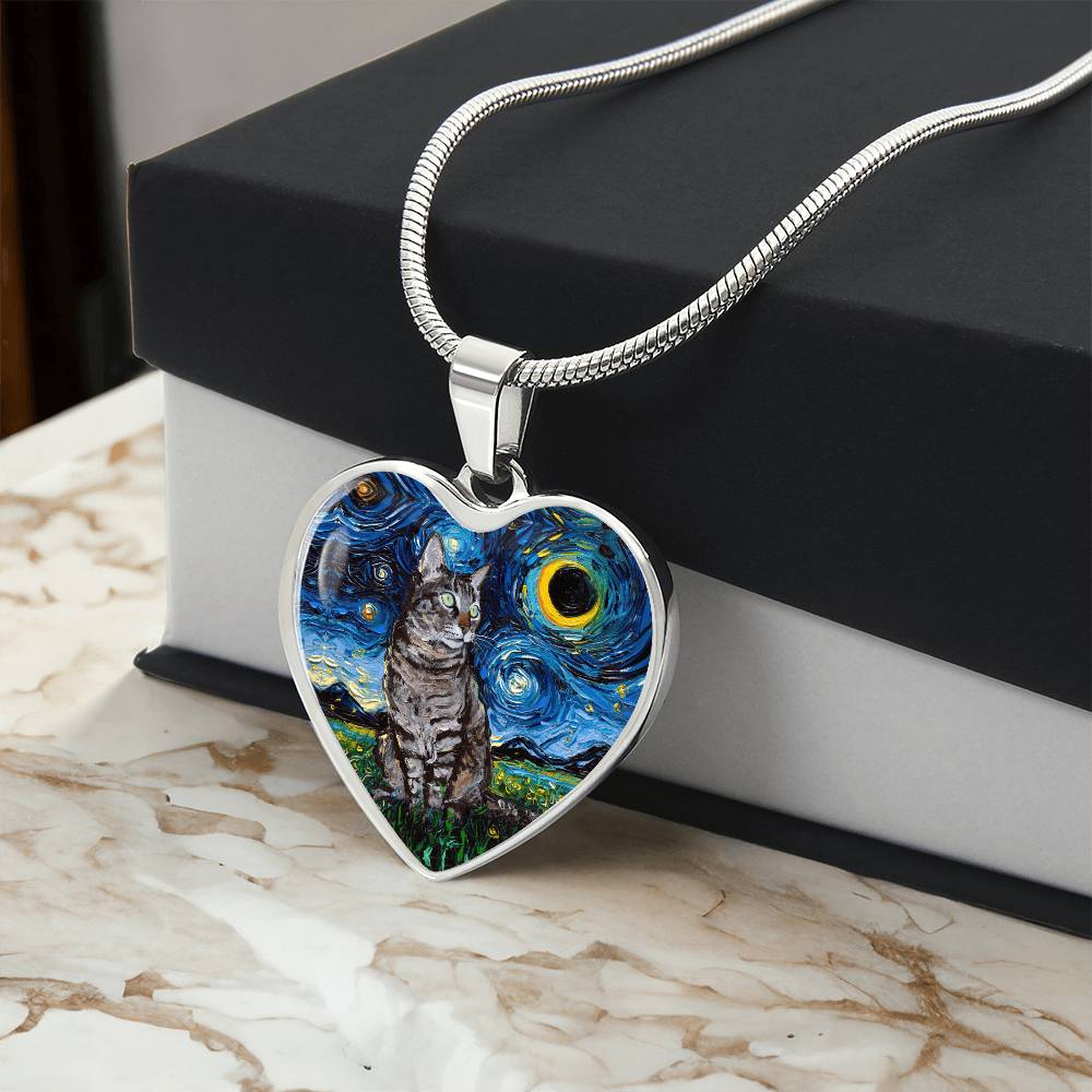 Tabby Cat Starry Night Heart Necklace