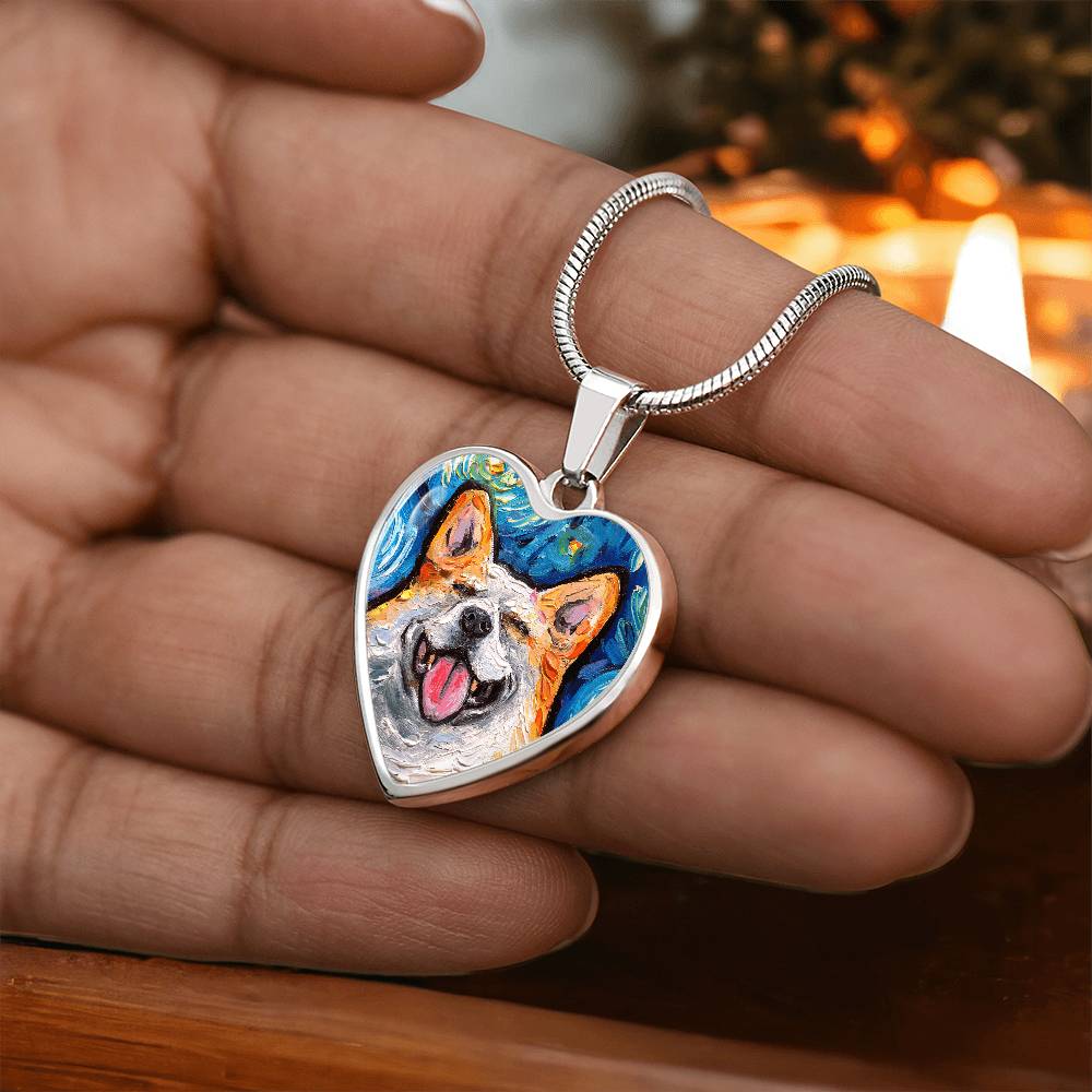 Smiling Corgi Portrait Starry Night Heart Necklace