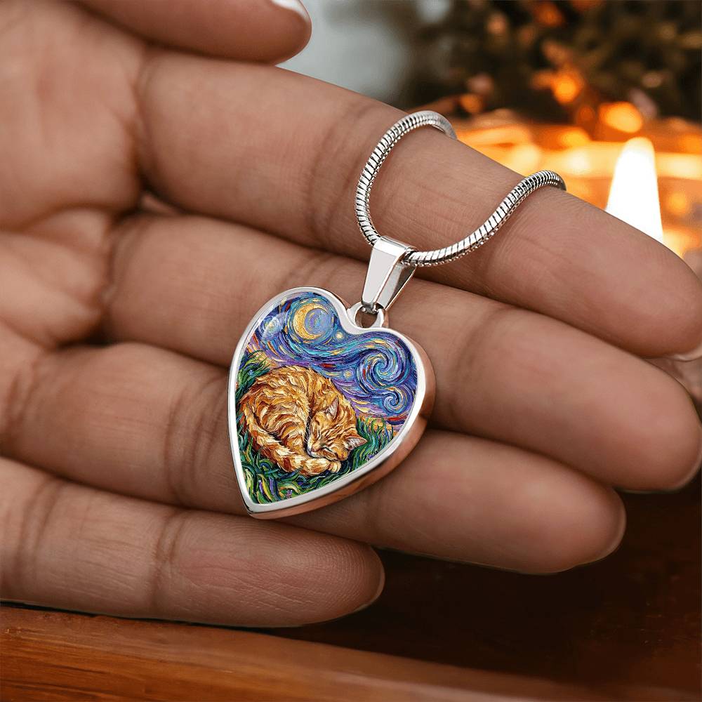 Sleepy Orange Tabby Night Heart Necklace