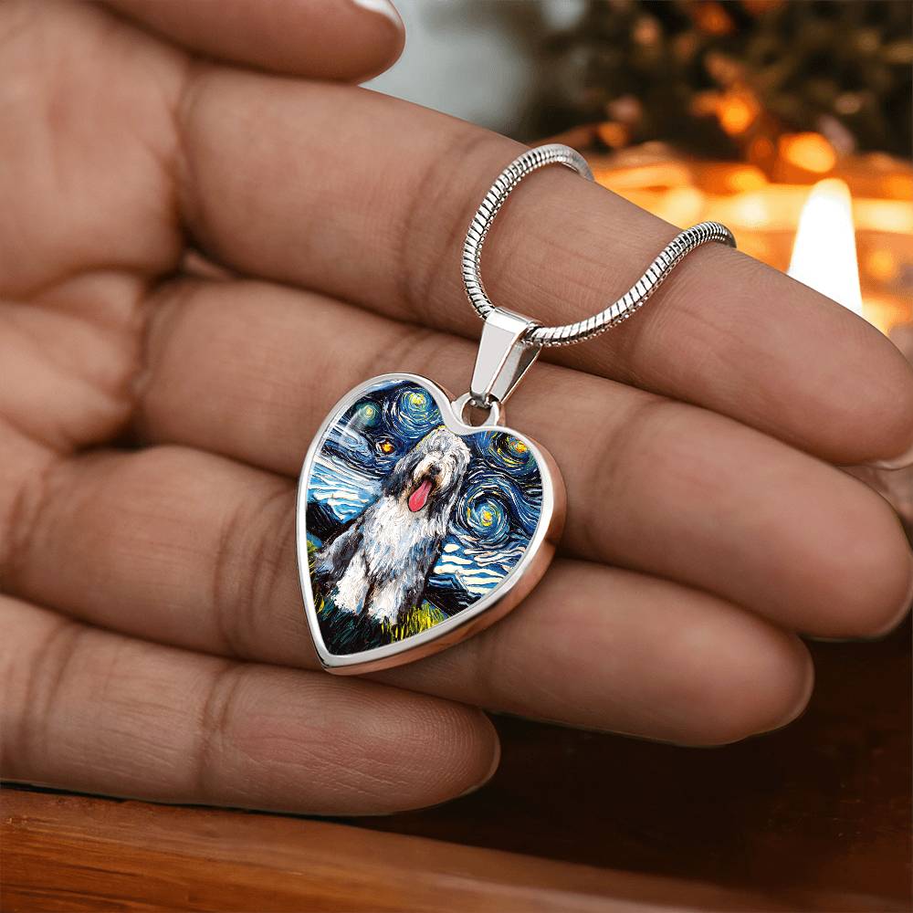 Bearded Collie Starry Night Heart Necklace