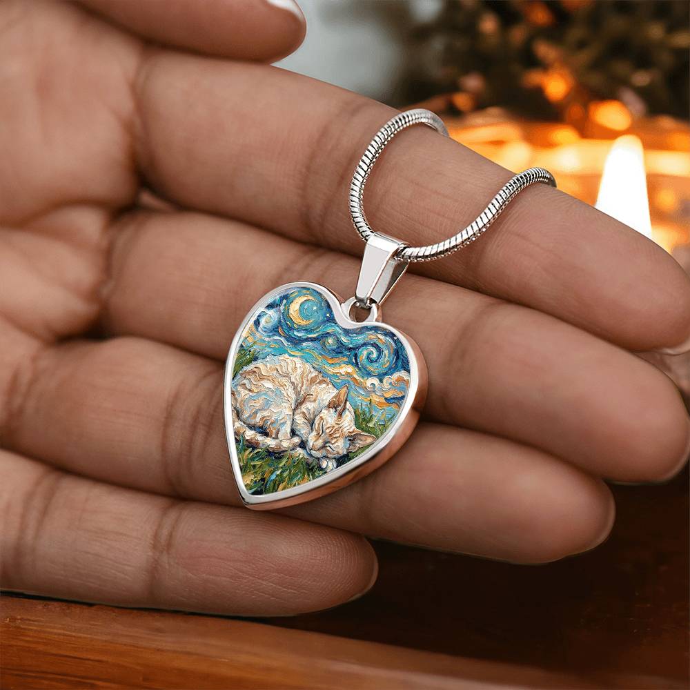 Sleepy Cornish Rex Night Heart Necklace